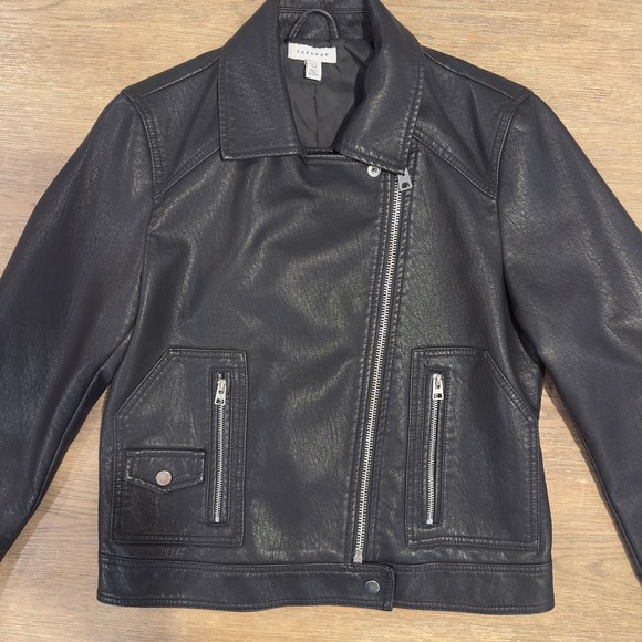 Topshop Faux Leather Black Moto Jacket Womens Size US 8-Zipped Sleeve-Super Cute - Picture 10 of 16